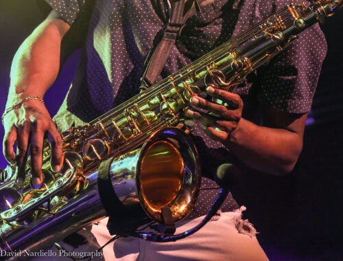 A person playing the saxophone in front of a microphone.