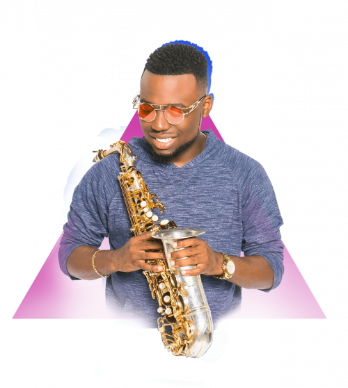 A man holding a saxophone in front of a purple triangle.